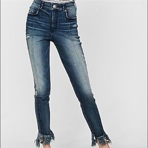 Express Denim Jeans Ankle Length Frayed Fringe Hem Super High Rise Distressed 10